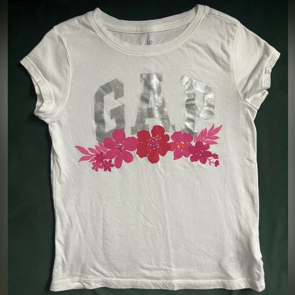 GAP Kids White Tee with Silver Logo and Pink Floral Design - Picture 1 of 3